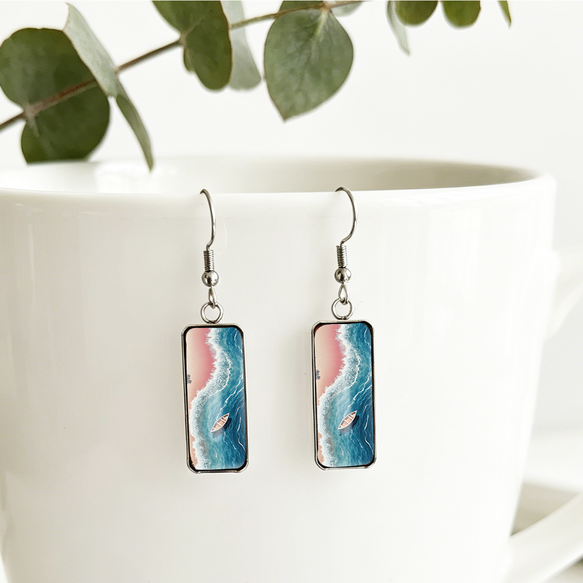 Small Boat on The Sea Beach Dangle Earrings, Trendy Gift